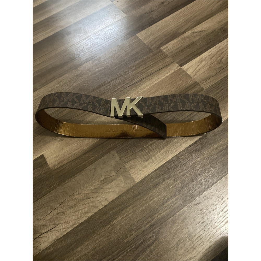 MICHAEL KORS MK Women Silver MK Logo Buckle Brown Belt Size L